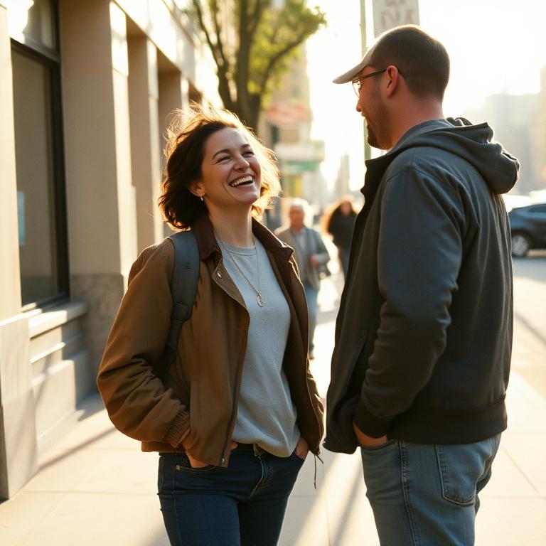 Two people laughing mid conversation on a sidewalk