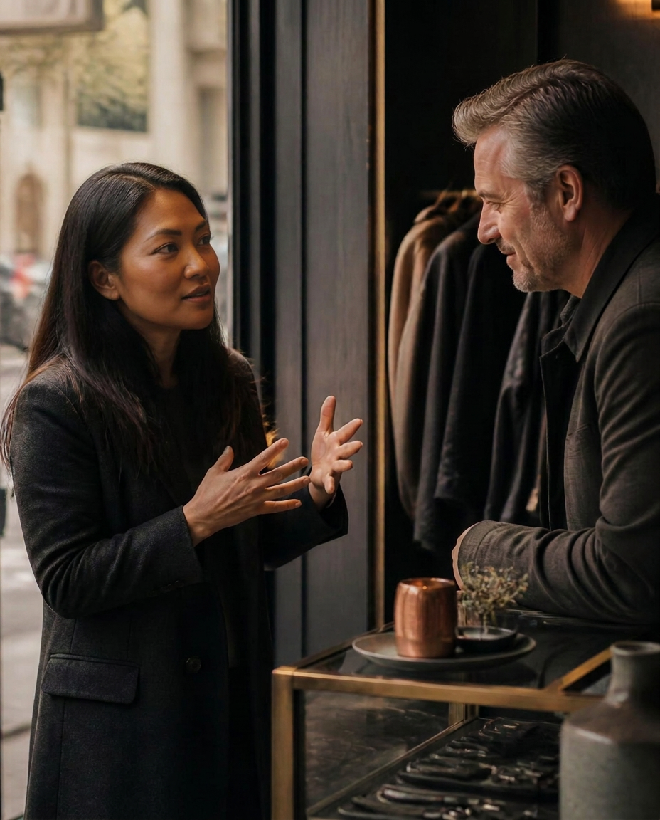 Conversation at a retail storefront