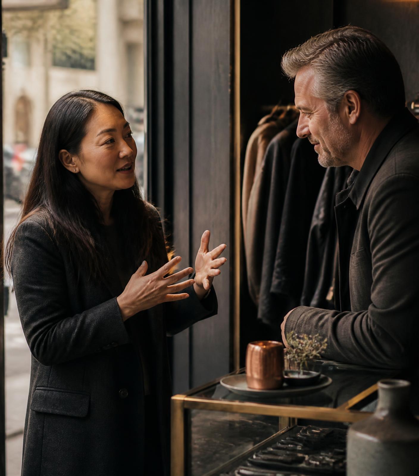 Conversation at a retail storefront