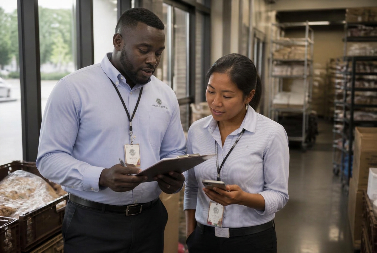 Two recruiters reviewing interview notes together