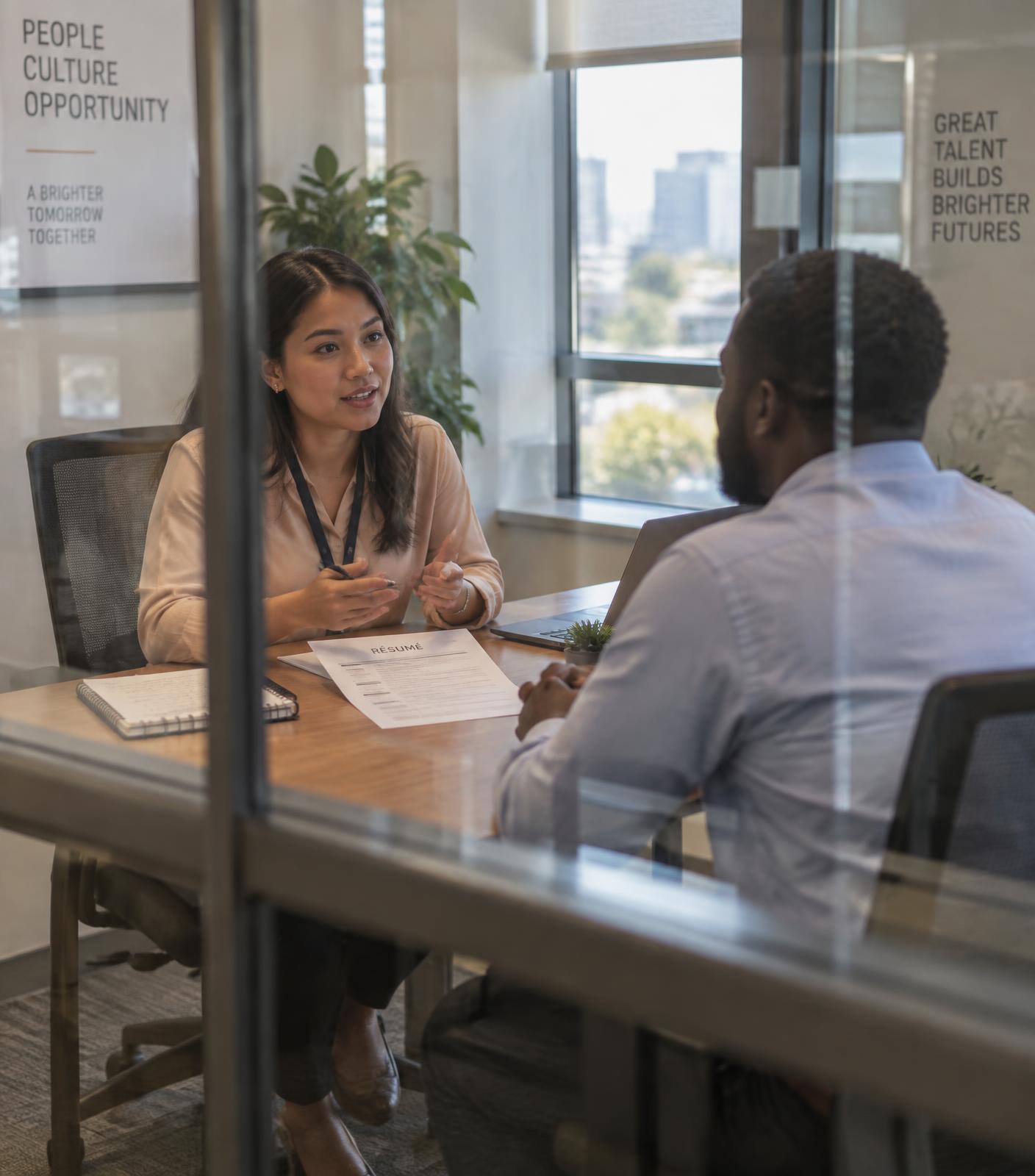 A recruiter interviewing a candidate in an interview room, seen from the hallway