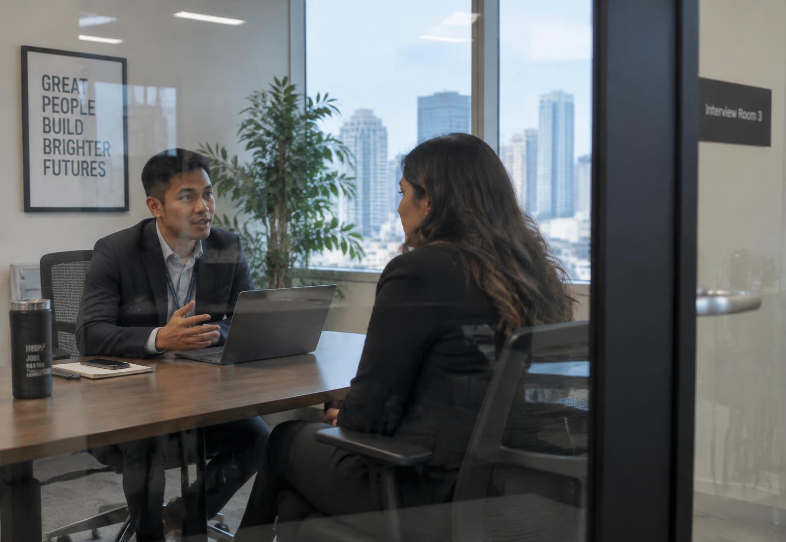 A recruiter interviewing a candidate in an interview room, seen from the hallway