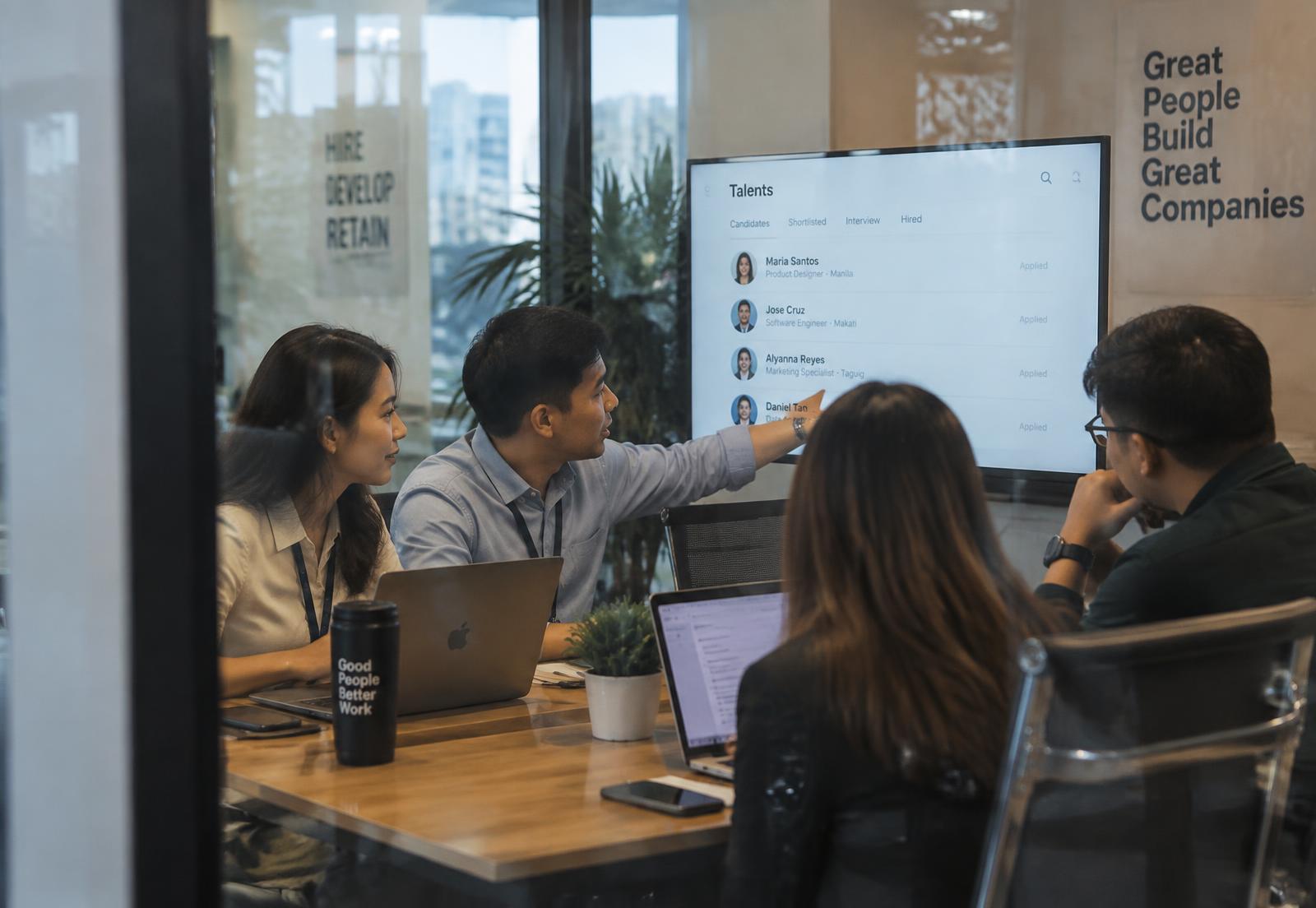 Recruiters reviewing candidate profiles on screen, seen through the office glass